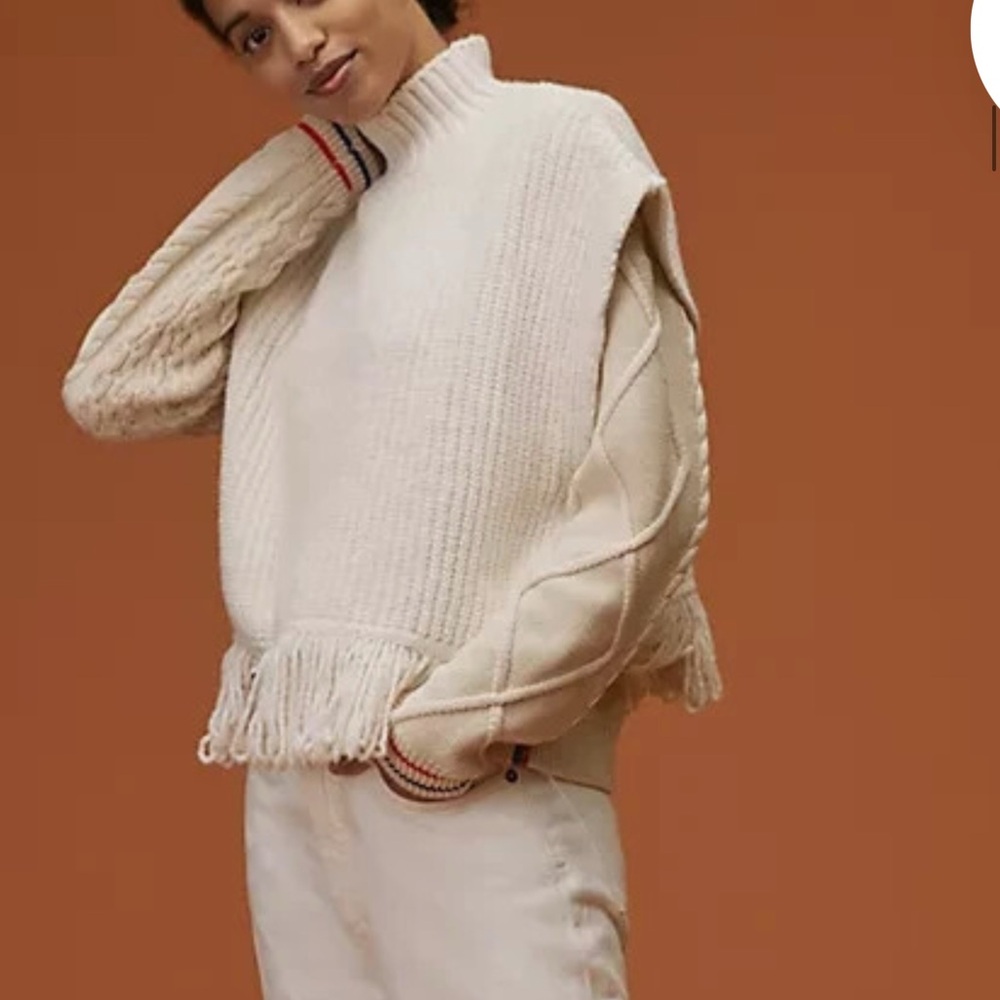 Anthropologie Off White Mock Neck Buttoned Poncho with Fringes.